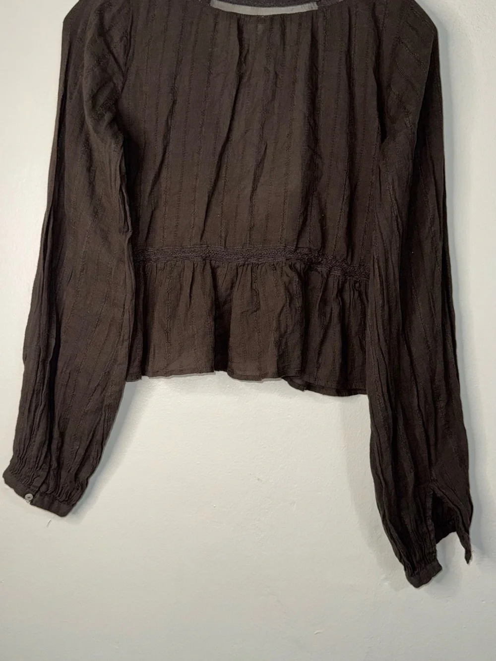 Free People Chocolate Brown V-Neck Peasant Blouse with Tassel Tie
